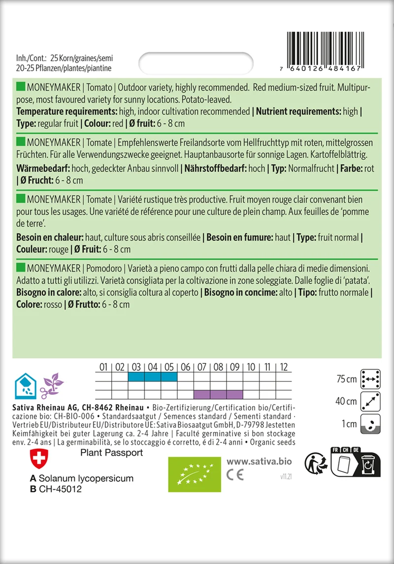 Tomate Moneymaker | BIO Stabtomatensamen von Sativa Rheinau [MHD 12/2025]