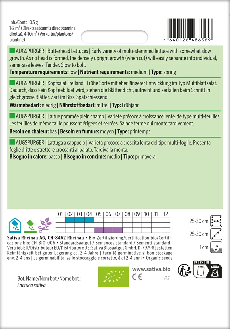 Kopfsalat Freiland Augspurger | BIO Kopfsalatsamen von Sativa Rheinau [MHD 12/2026]