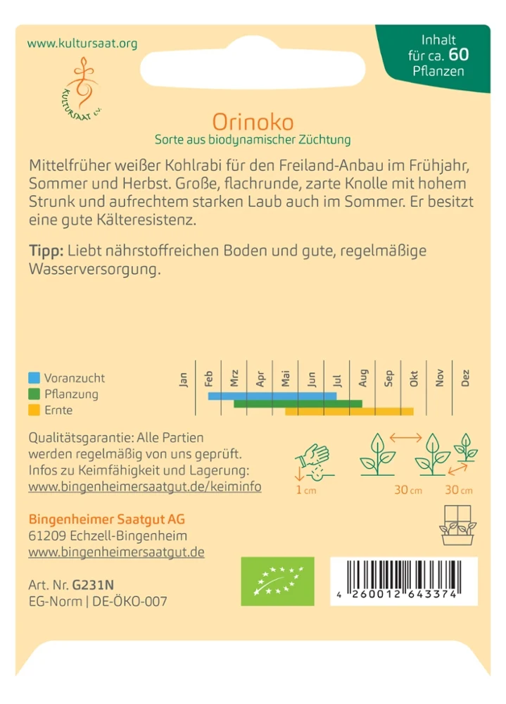 BIO Saatgut Kohlrabi Orinoko, weiß