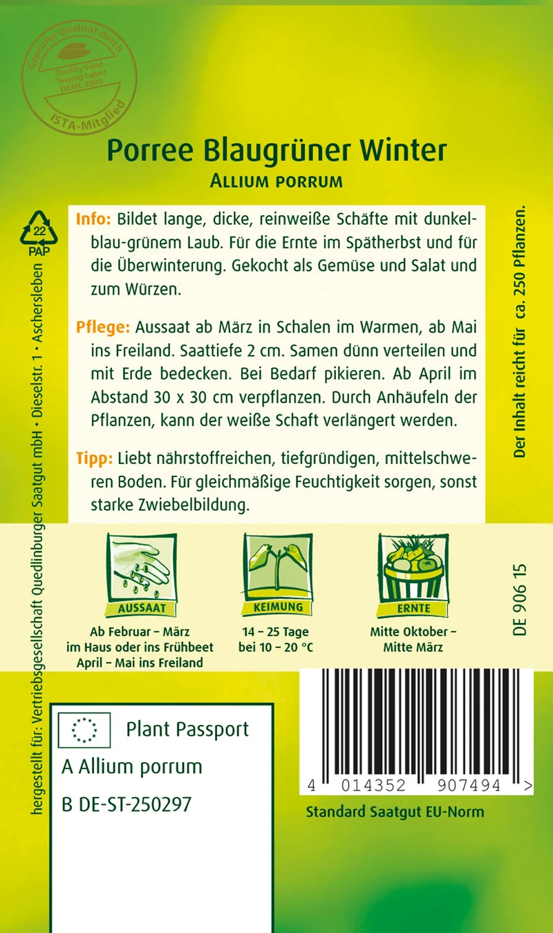 Porree Blaugrüner Winter Saatgut