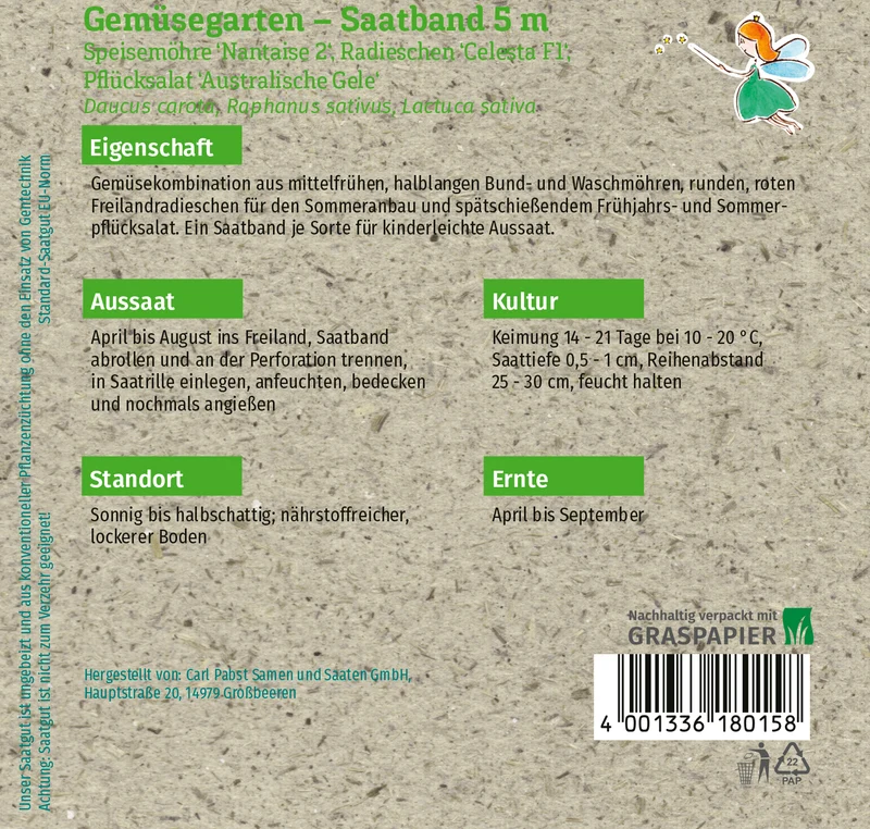 Gemüsegarten Saatband 5 m Speisemöhre Radieschen Pflücksalat